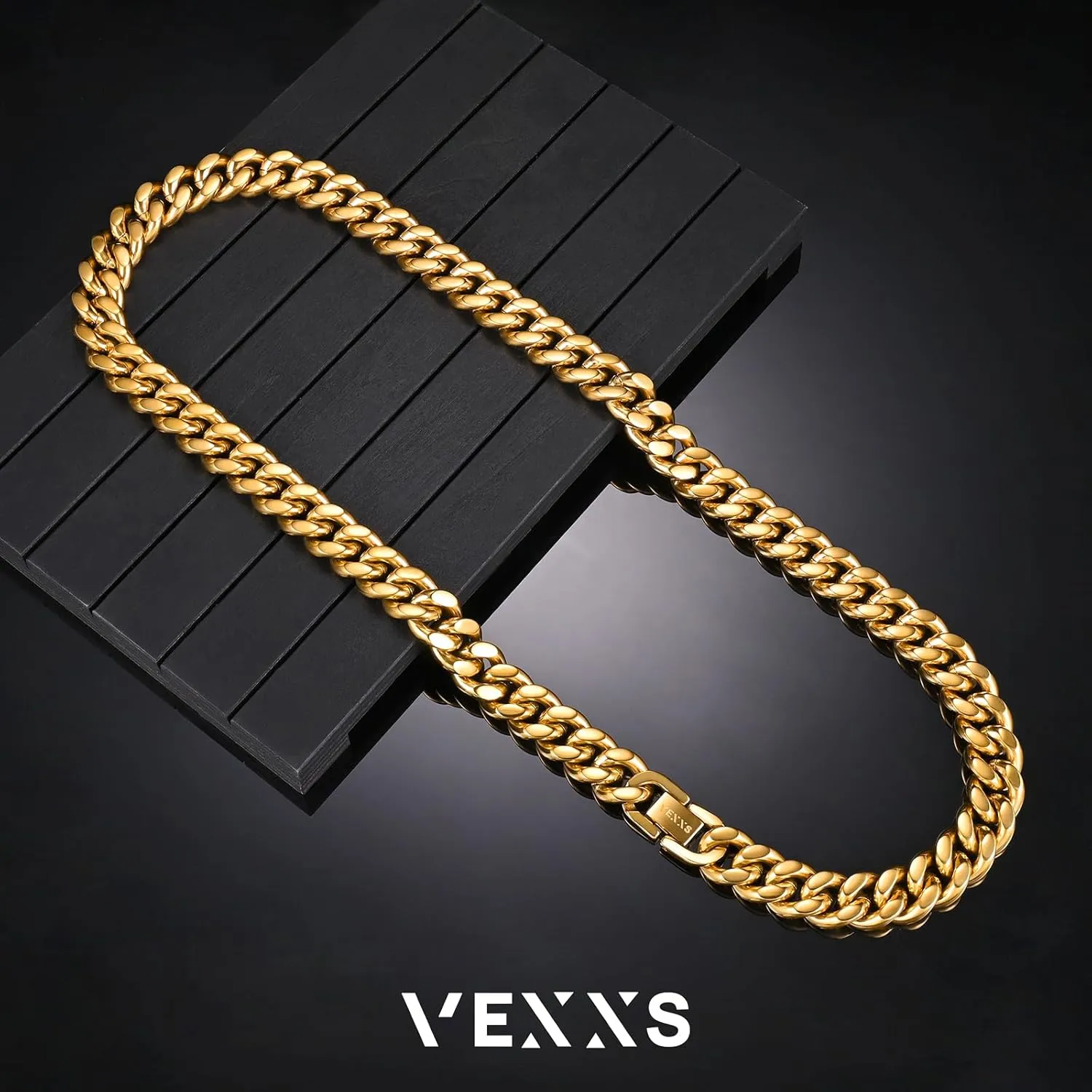 VEXXS Cuban Link Chain Flat Cut, 18K Real Gold Plated Necklace, Durable No Color Fading 10mm 12mm Men's Street Wear Hip Pop Urban Fashion Cuban Necklace