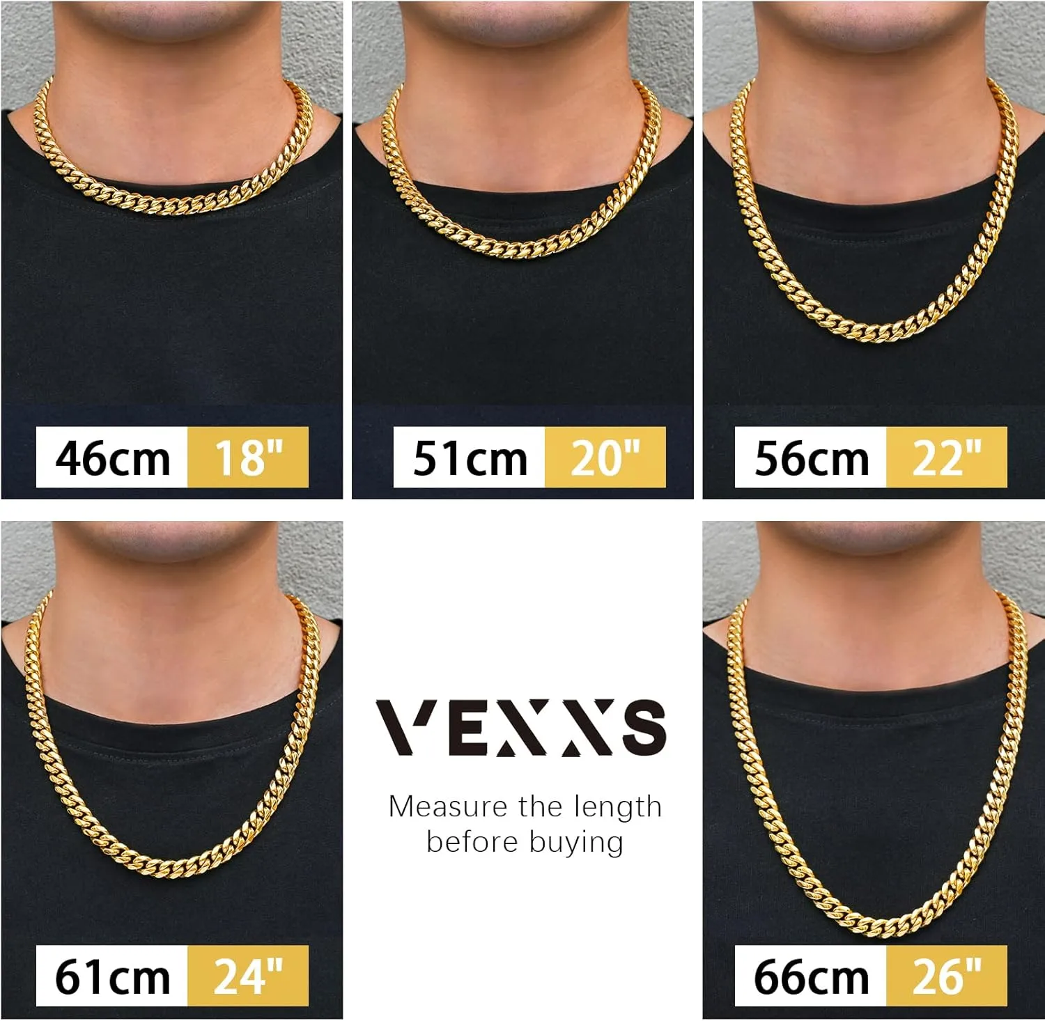 VEXXS Cuban Link Chain Flat Cut, 18K Real Gold Plated Necklace, Durable No Color Fading 10mm 12mm Men's Street Wear Hip Pop Urban Fashion Cuban Necklace