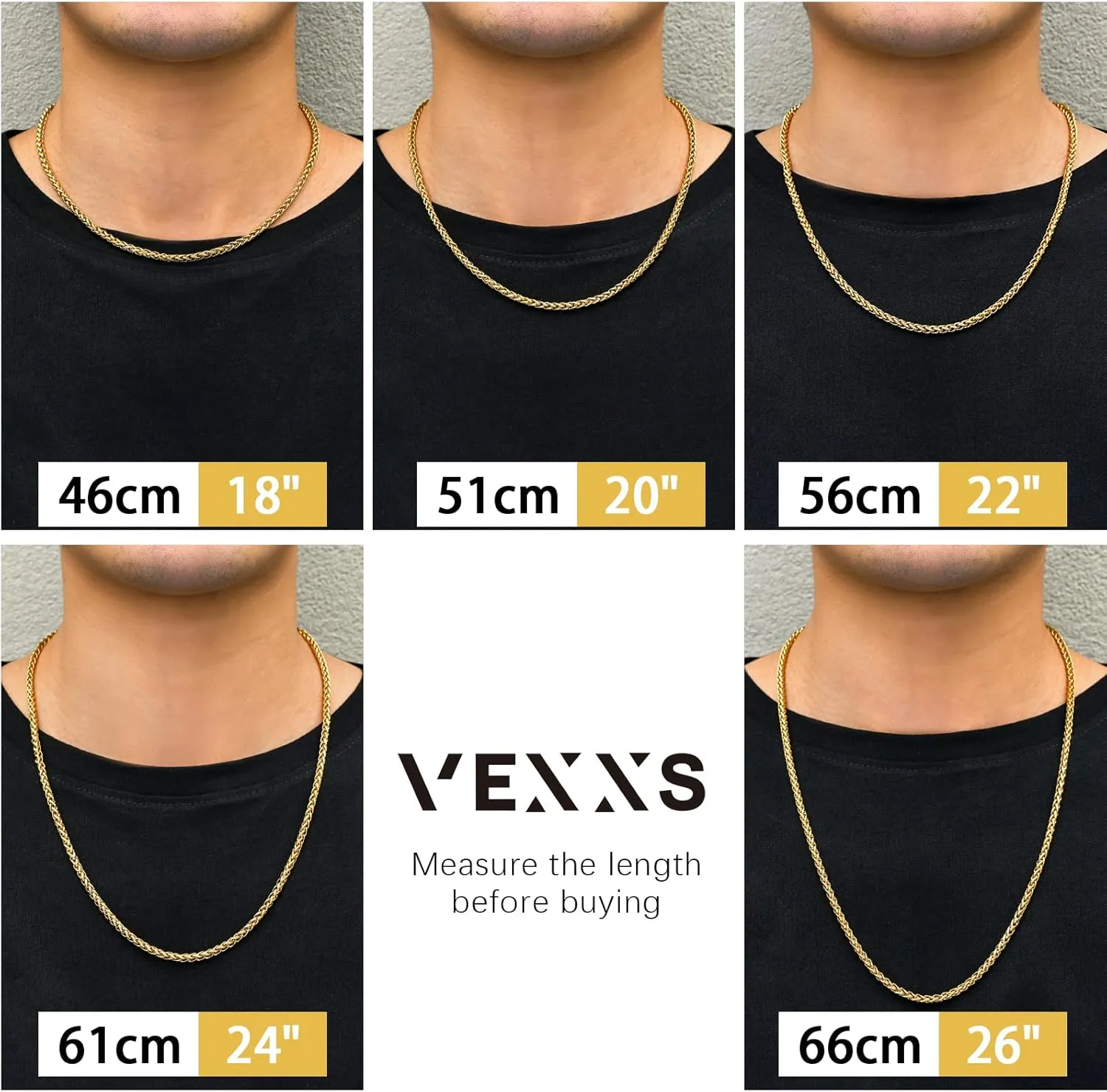 VEXXS Wheat Chain, 18K Real Gold Plated Mens Necklace Gold Chain, Durable No Color Fading 3mm 4mm Miami Cuban Link Chain Urban Fashion Street Wear