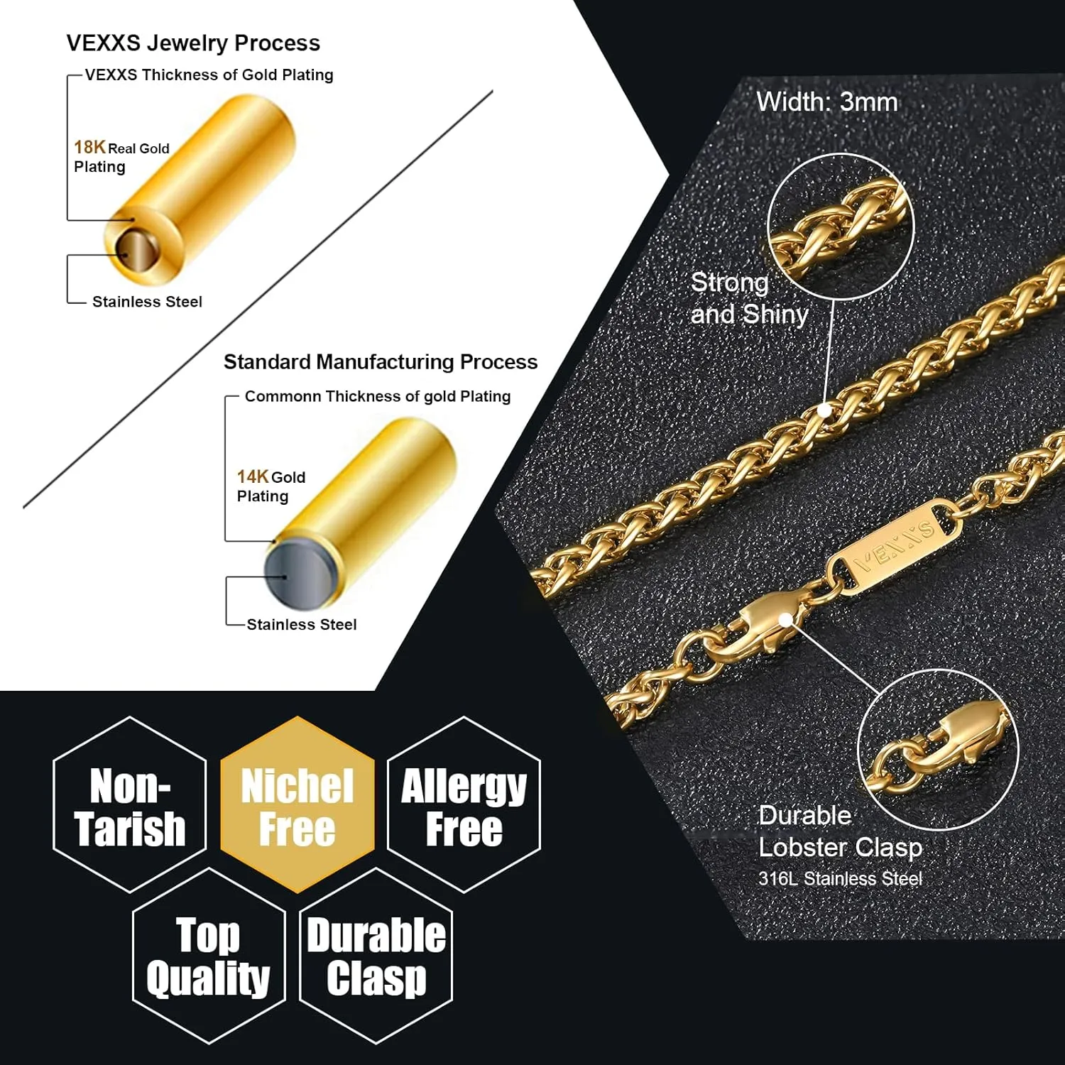 VEXXS Wheat Chain, 18K Real Gold Plated Mens Necklace Gold Chain, Durable No Color Fading 3mm 4mm Miami Cuban Link Chain Urban Fashion Street Wear