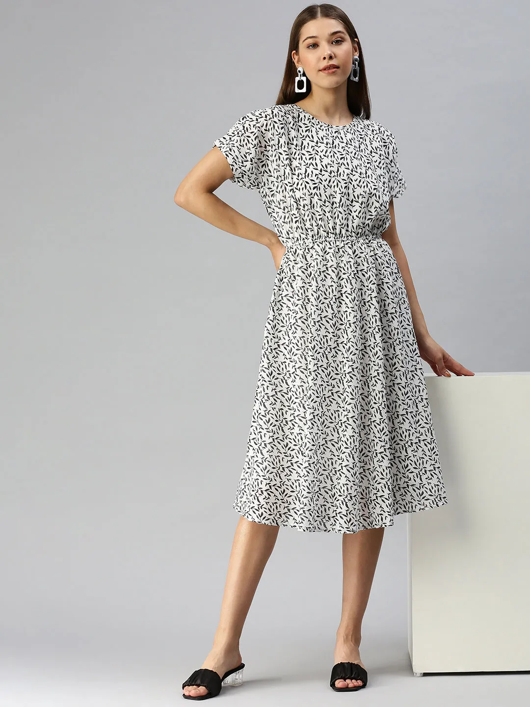 Women Self Design A-Line White Dress