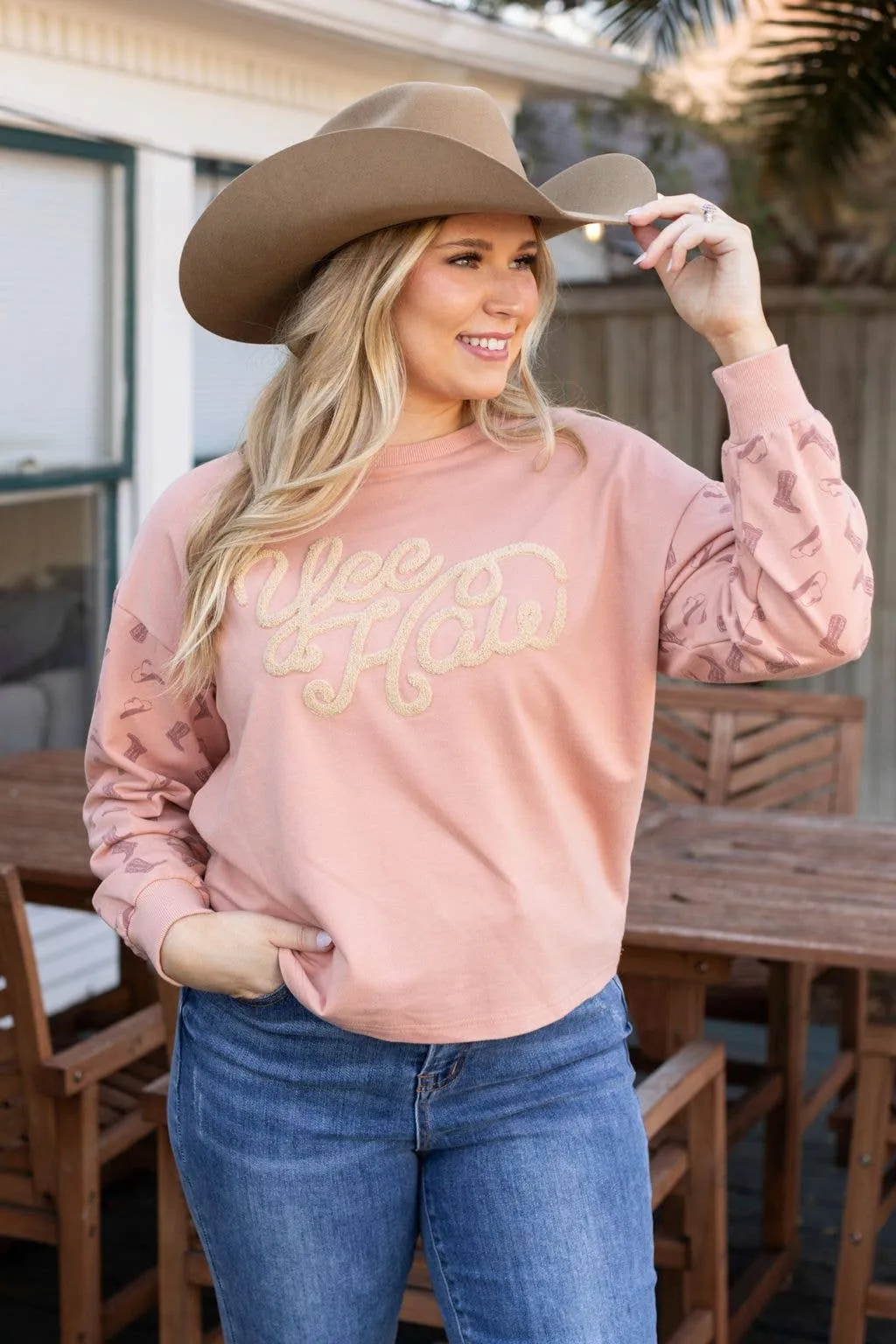 Yee Haw Blush Pink Pullover: Pink / L