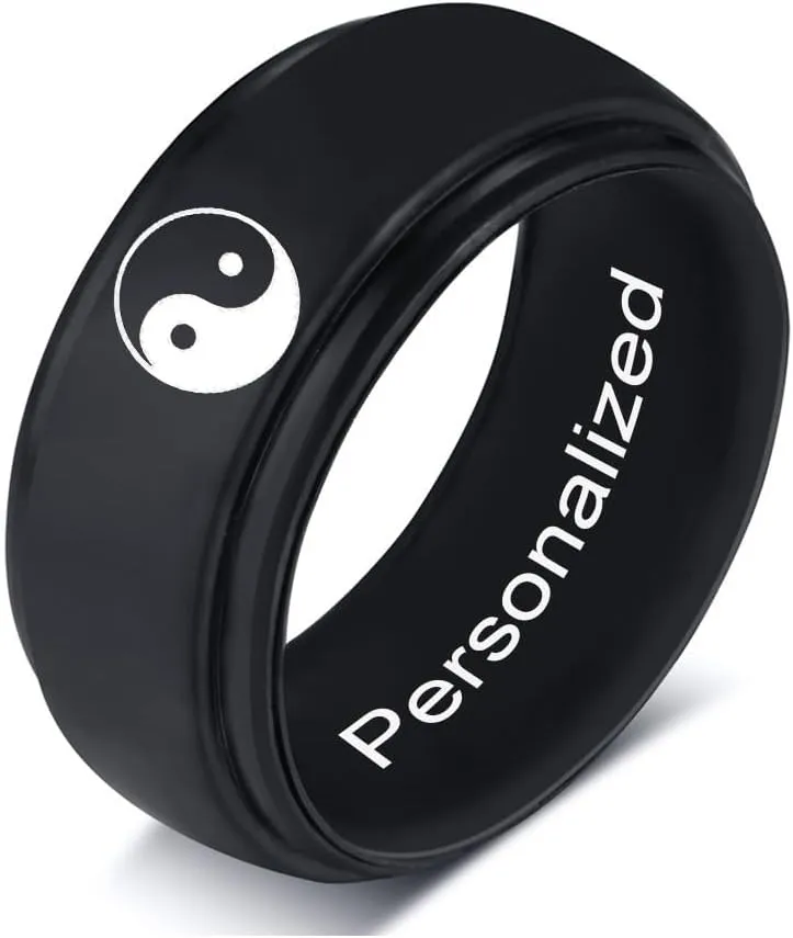 Yin Yang Tai Chi Silicone Ring Step Edge Rubber Ring Taoism Religious Jewelry with Free Engraved Inspirational Amulet Silicone Bands for Men/Best Friend, (Multicolor) Size 6 to 14