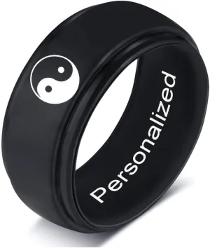 Yin Yang Tai Chi Silicone Ring Step Edge Rubber Ring Taoism Religious Jewelry with Free Engraved Inspirational Amulet Silicone Bands for Men/Best Friend, (Multicolor) Size 6 to 14